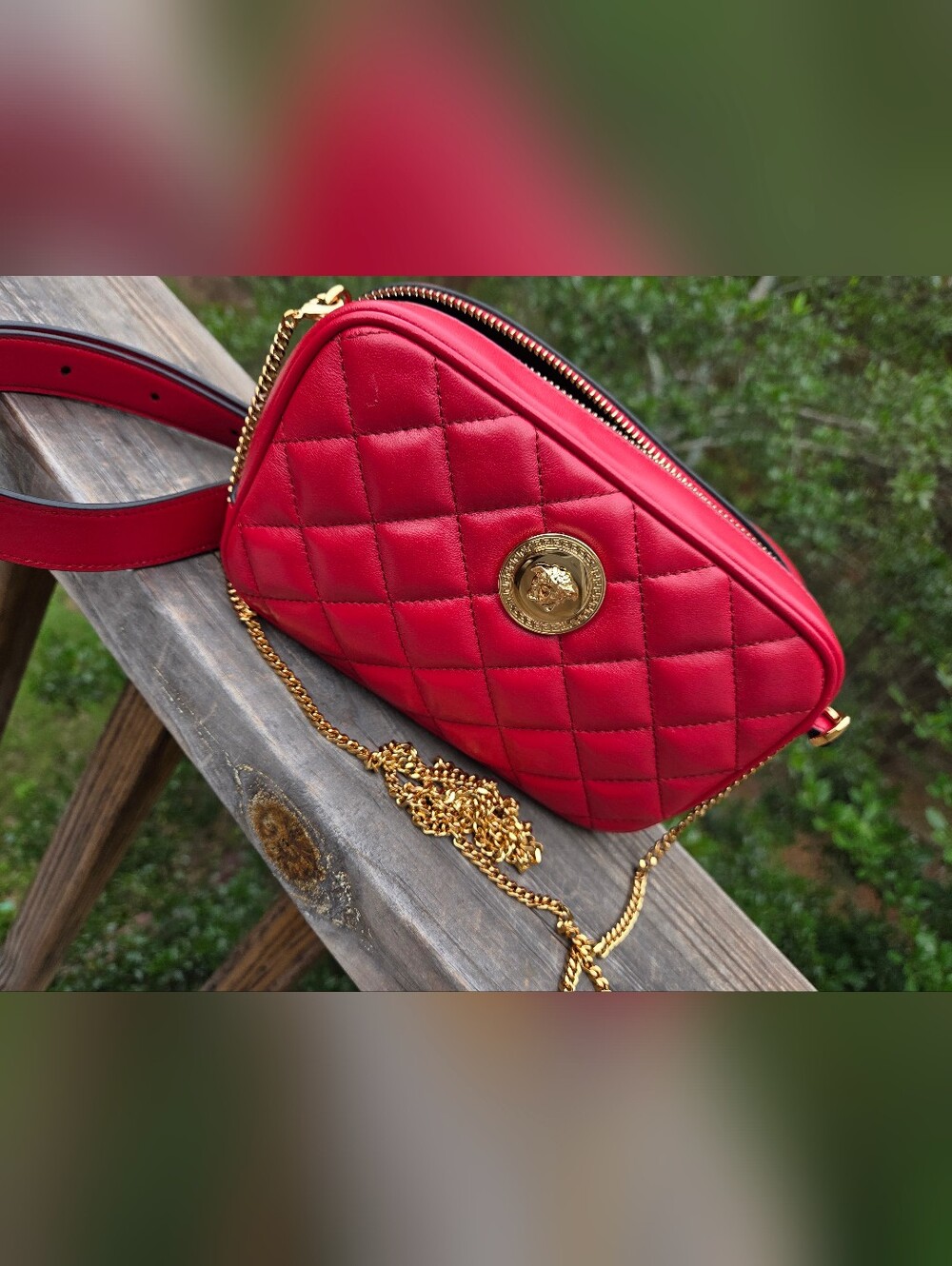 Versace Red Quilted Leather Medusa Crossbody 2 Way Bag